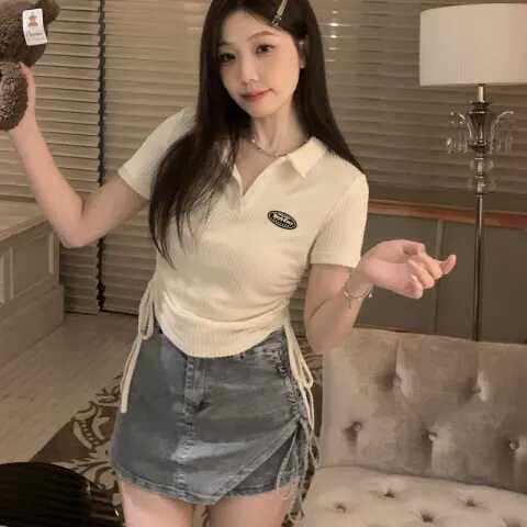 2026夏季新款韩版POLO领短款衫时尚刺绣修身显瘦抽绳短袖t恤女潮
