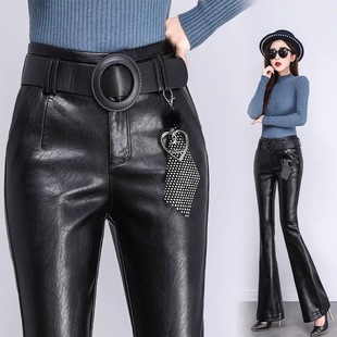海宁春秋冬显瘦真皮大码小绵羊皮微喇叭长裤皮裤配腰带