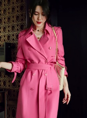 春秋显瘦大码胖MM气质小香风玫红色粉色中长款系带风衣女外套