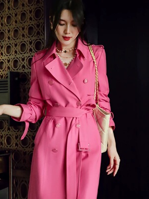 春秋显瘦大码胖MM气质小香风玫红色粉色中长款系带风衣女外套