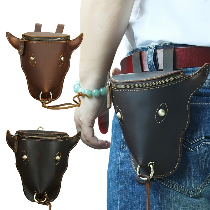 复古个性头层疯马皮男包 户外潮流酷牛头大容量腰包男腿包挂包