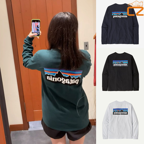 巴塔哥尼亚25新款Patagonia字母图案Logo混纺棉男女款圆领长袖T恤