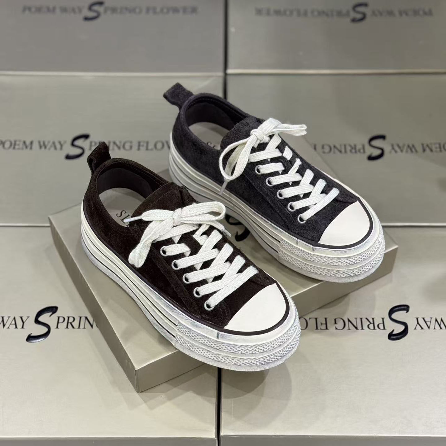 诗路花语磨砂皮帆布鞋女2025秋季新款真皮厚底系带复古百搭休闲鞋