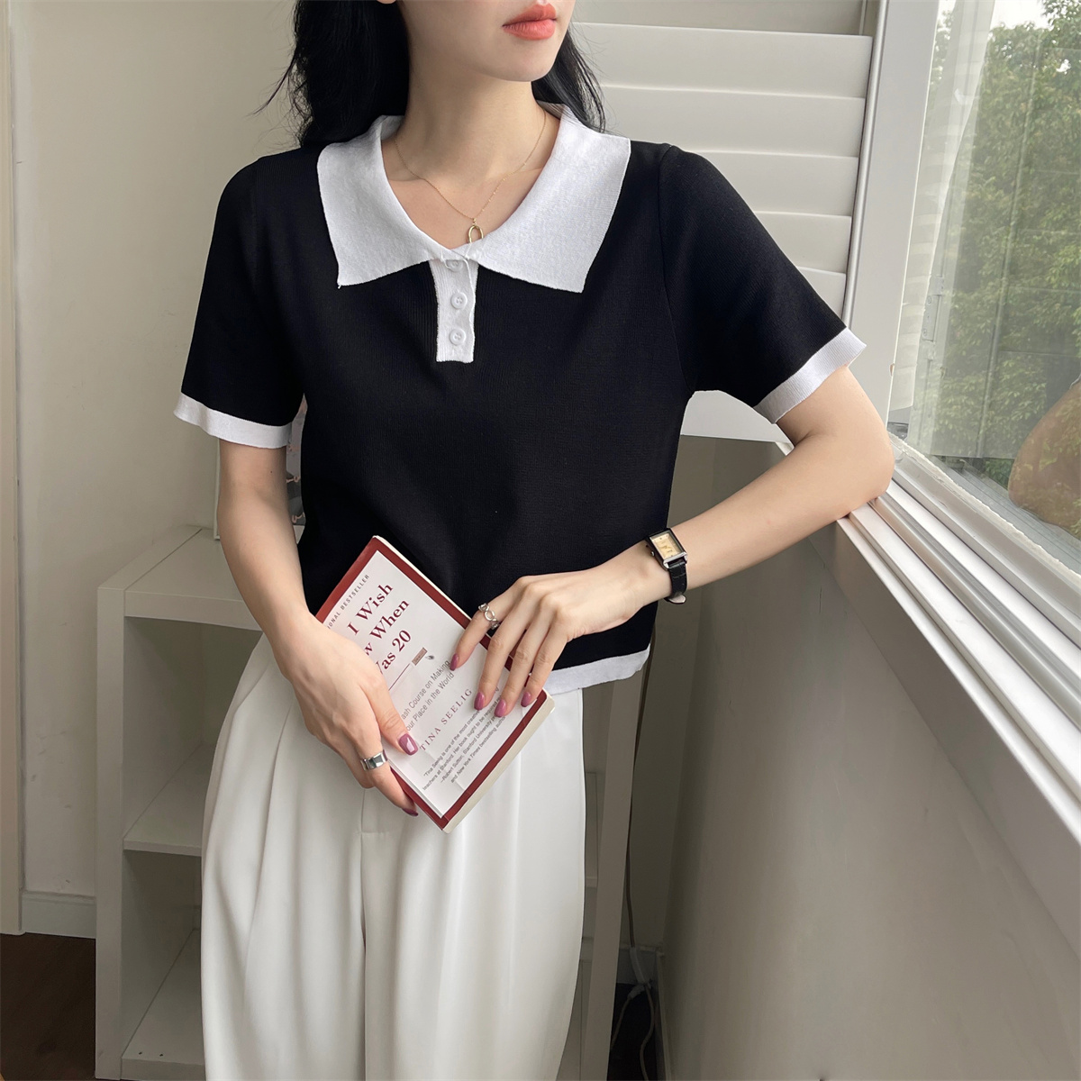 针织短袖短袖正肩t恤女2022年夏季polo衫设计感小众宽松短款上衣|ruв категории Женская одежда, шерстяной свитер - от Buy2taobao.com для оказания профессиональной услуги покупки агента Taobao