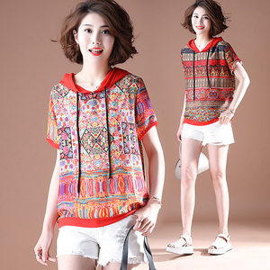 RM5332#大码夏装拼接印花雪纺衫宽松连帽短袖上衣女
