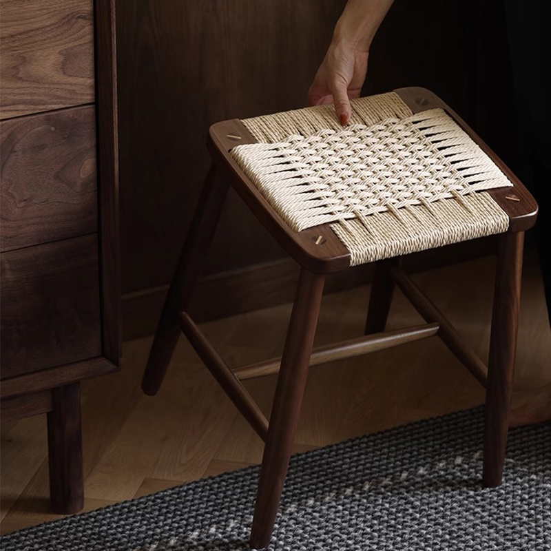 中复古风绳编织实木小方凳日式黑胡桃高脚吧台梳化妆餐椅家用换鞋