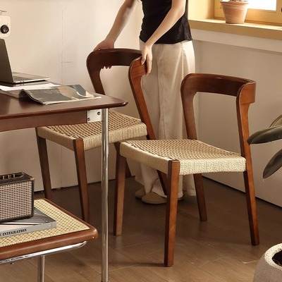 法式复古绳编实木靠背椅