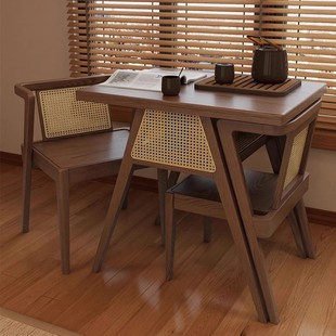 移动茶台客厅小餐桌实木茶几泡茶桌小户型家用藤编椅子组合三件套