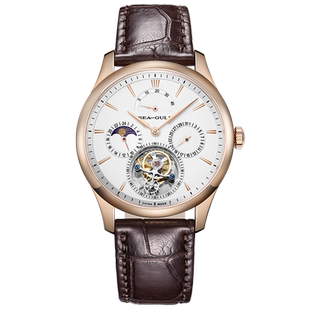 海鸥手表多功能鳄鱼皮带陀飞轮金壳男表机械表男518.937传承