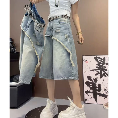 毛边破洞牛仔阔腿七分裤女