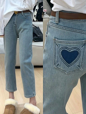2024秋季新款大码弹力遮肉刺绣九分直筒裤显瘦洋气烟管牛仔裤子女