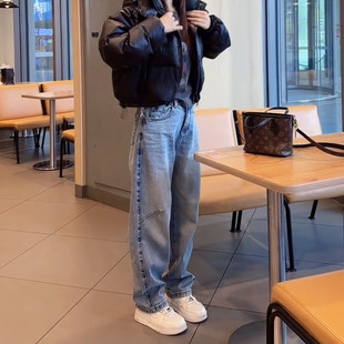 2025秋冬新款弯刀牛仔裤女大码显瘦窄版直筒裤遮肉时尚减龄阔腿裤