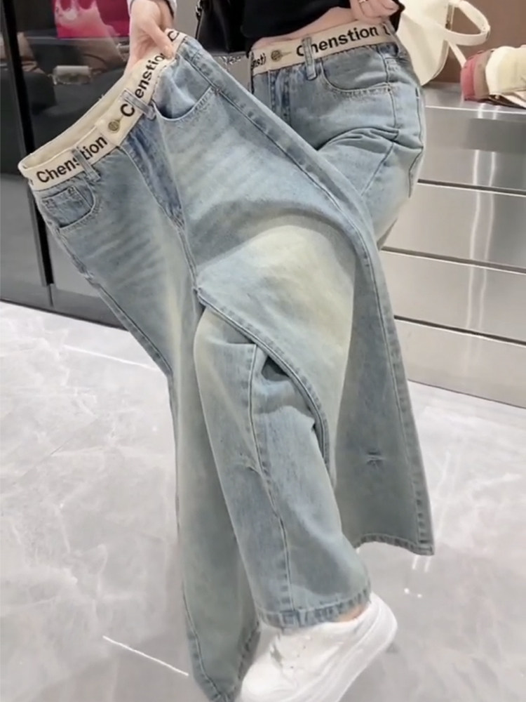 여성을위한 좁은 버전 스트레치 스트레이트 청바지 2024 새로운 가을 겨울 슬림 바닥 걸레 바지 대형 자수 플러스 벨벳 넓은 다리 바지