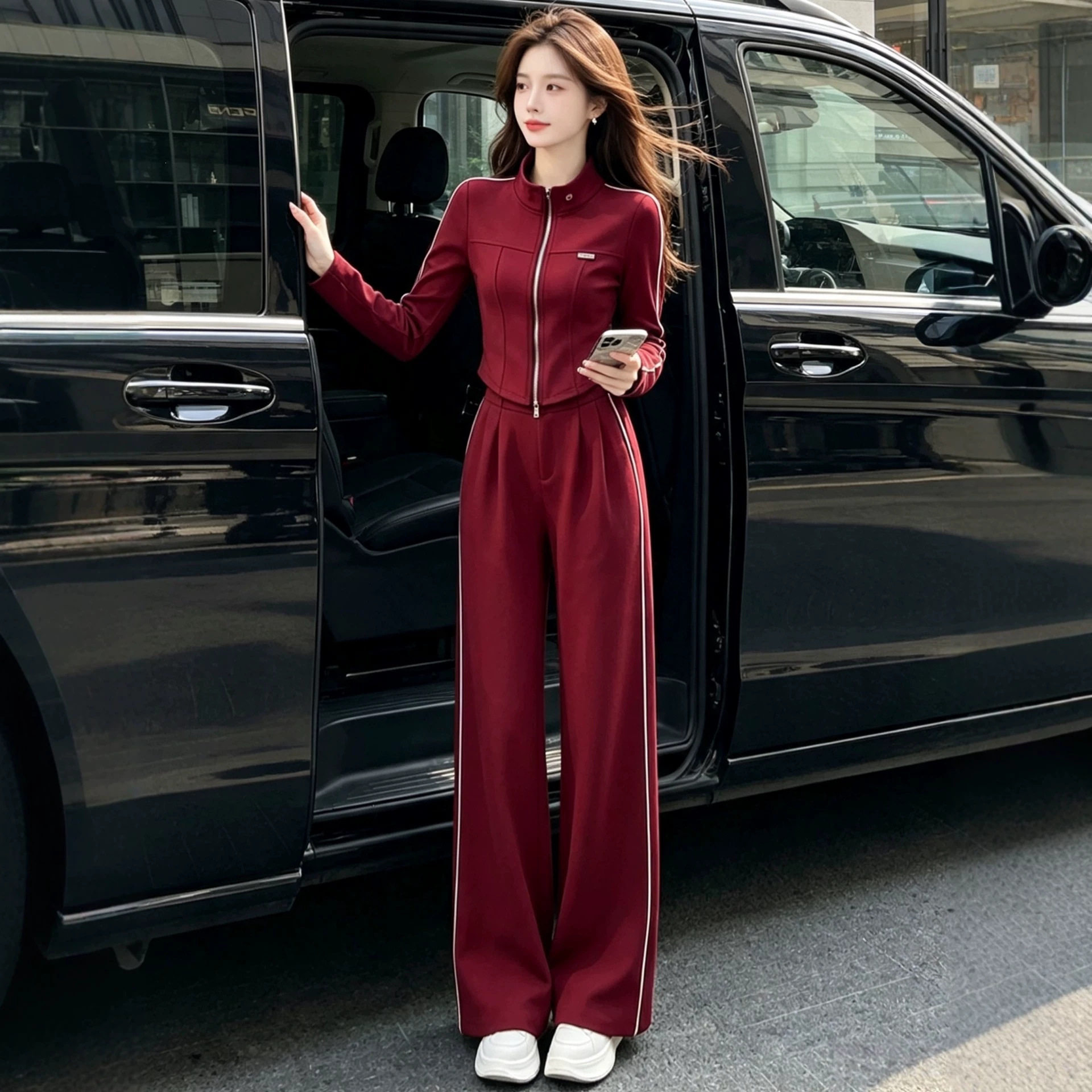 小个子显高休闲运动套装女秋季酷辣美式短款开衫上衣阔腿裤两件套