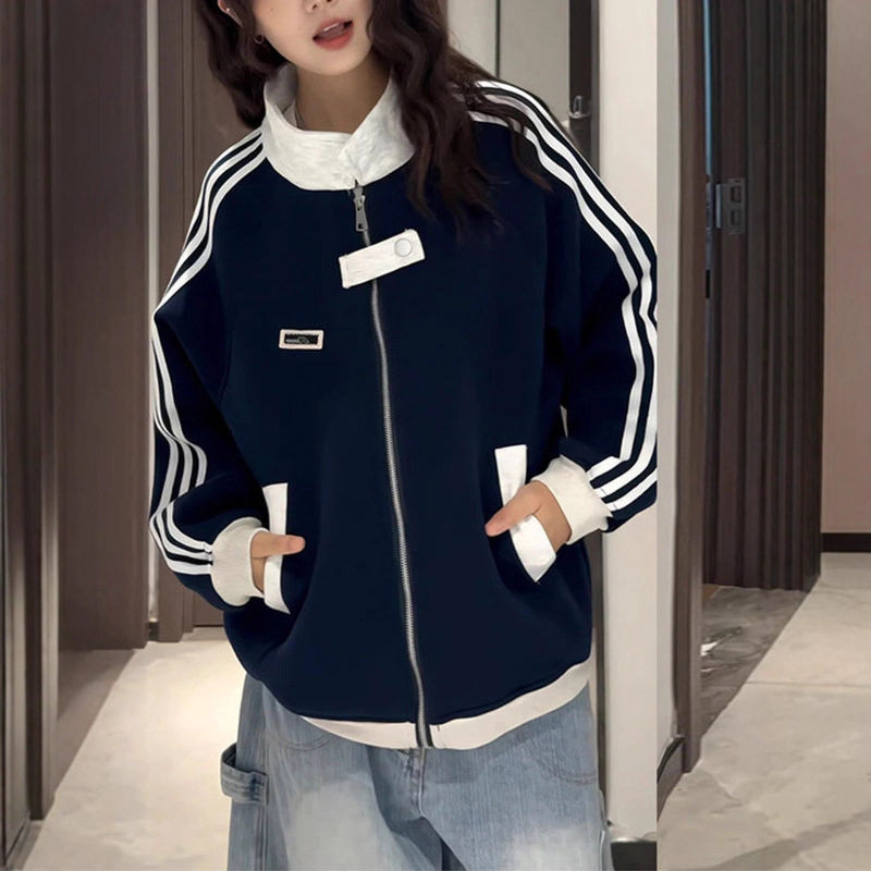 藏蓝色立领拉链卫衣女款加绒美式复古运动夹克三条杠宽松外套秋冬