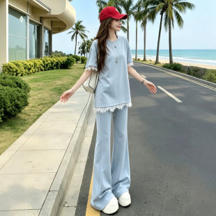 巨好看时尚休闲运动套装女夏季减龄中长款花边T恤微喇裤两件套潮