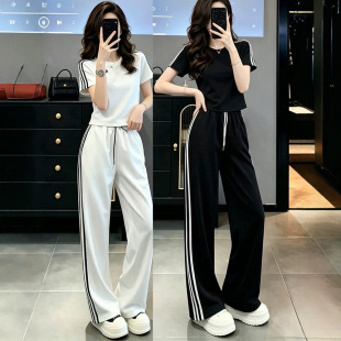 白色休闲运动套装女条纹夏季巨好看减龄韩系时尚小个子穿搭一整套