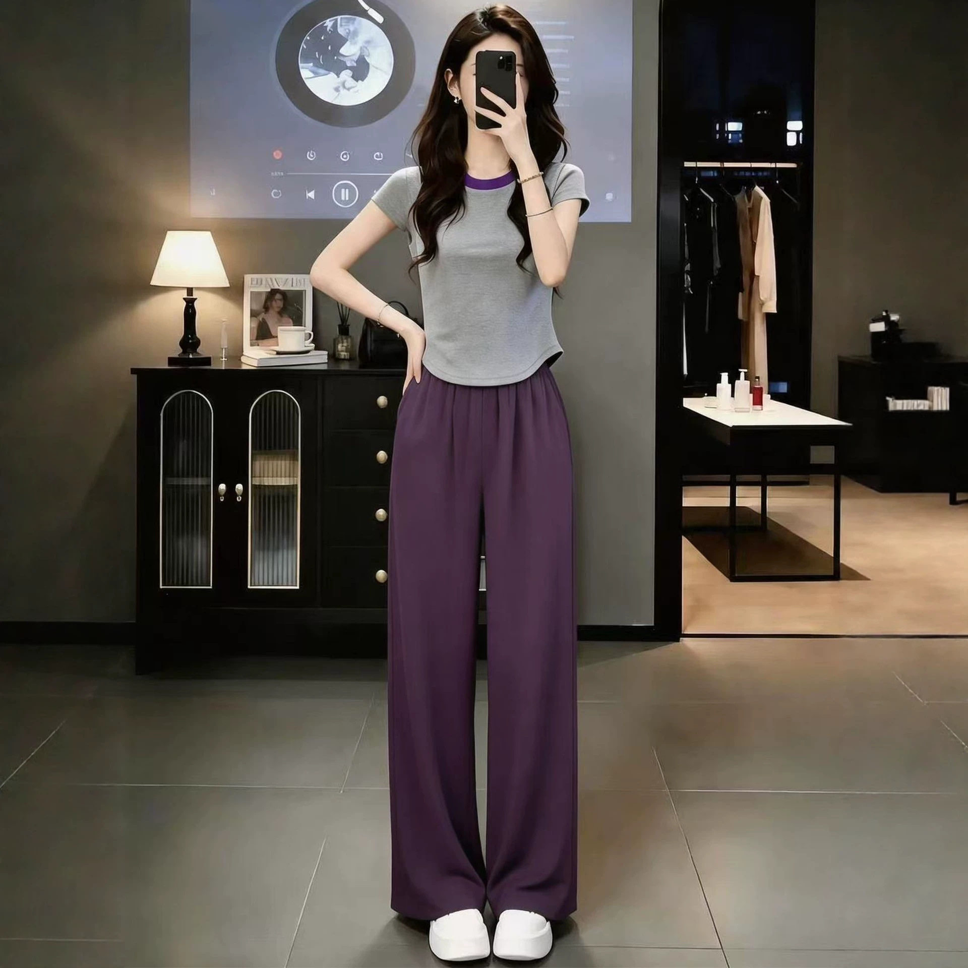 夏季小个子显高休闲运动套装女时尚减龄短款短袖T恤阔腿裤两件套