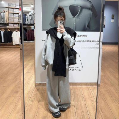 秋冬加绒灰色卫衣套装女