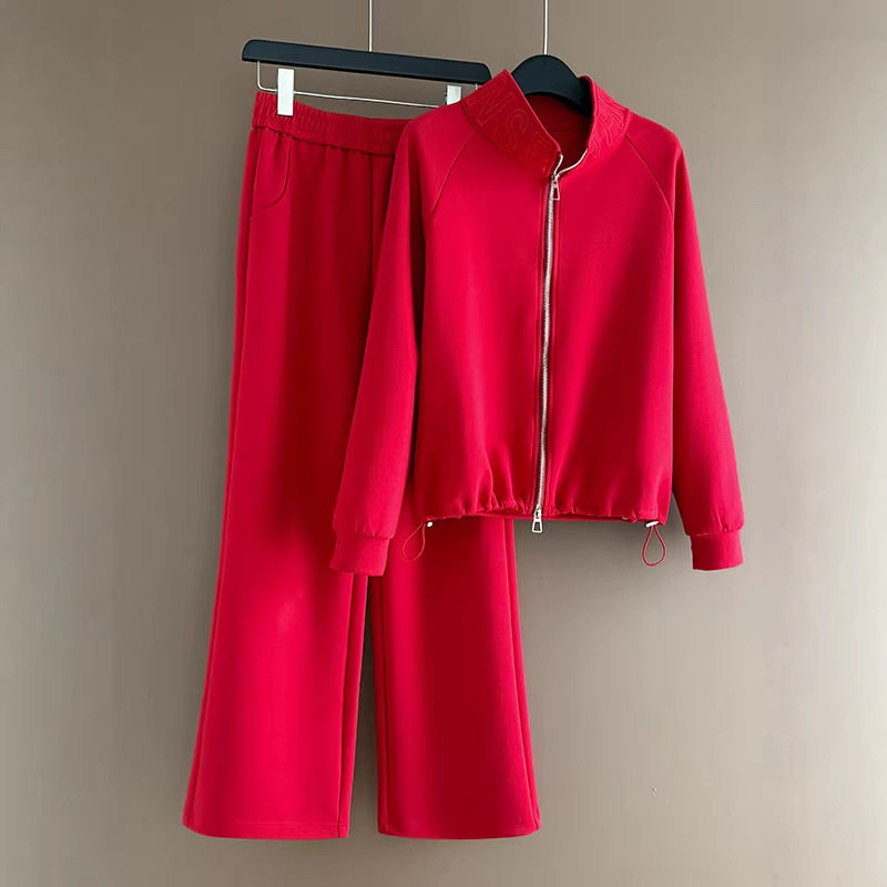 炸街新年红休闲运动套装女春洋气高级感外套上衣阔腿裤两件套,女装/女士精品,时尚套装,淘宝优惠券,粉丝福利购,淘宝优惠卷