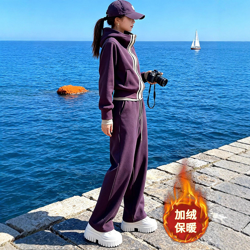 紫色拉链运动风加绒卫衣休闲运动套装女秋冬高级感外套长裤两件套,女装/女士精品,时尚套装,淘宝优惠券,粉丝福利购,淘宝优惠卷