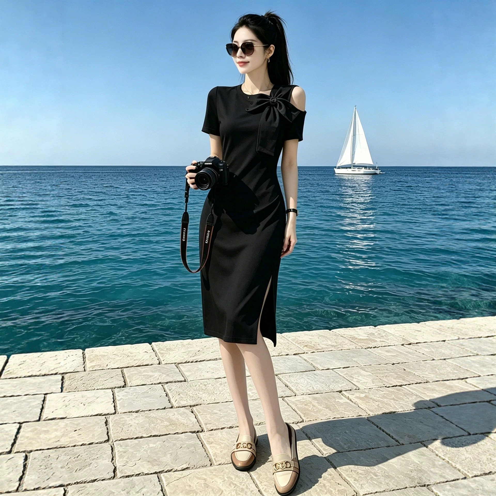 法式气质连衣裙女夏收腰减龄露肩开叉黑色高级感显瘦裙子棉涤