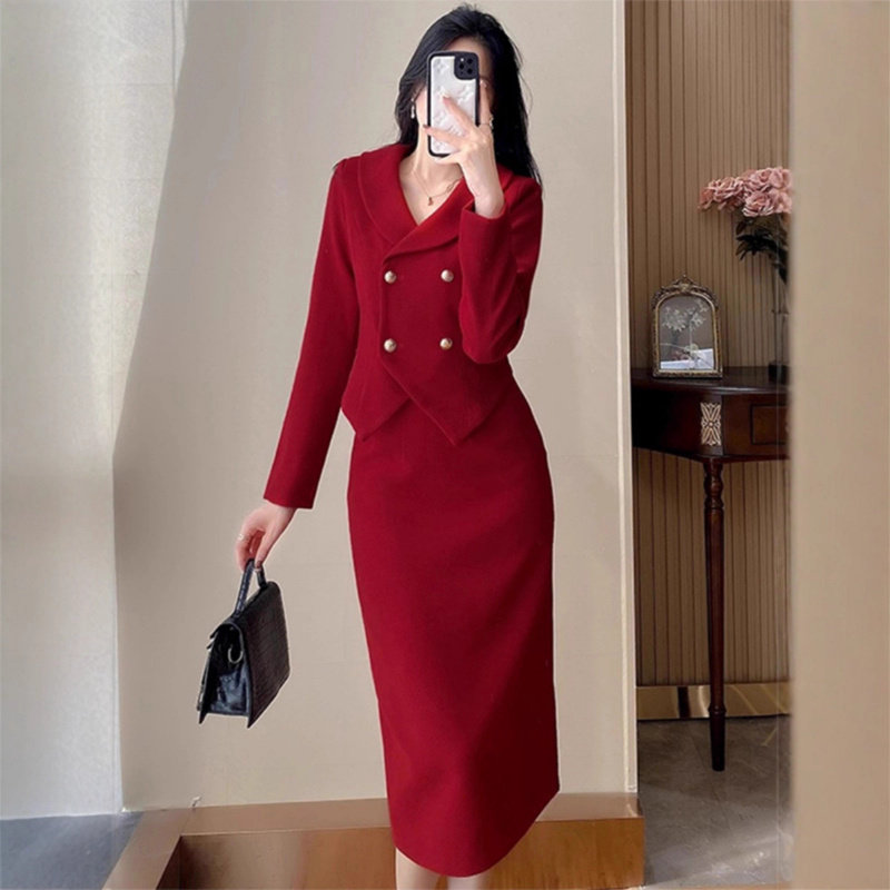 冬季过年新小香风红色套装裙女新款毛呢气质名媛订婚高级感两件套