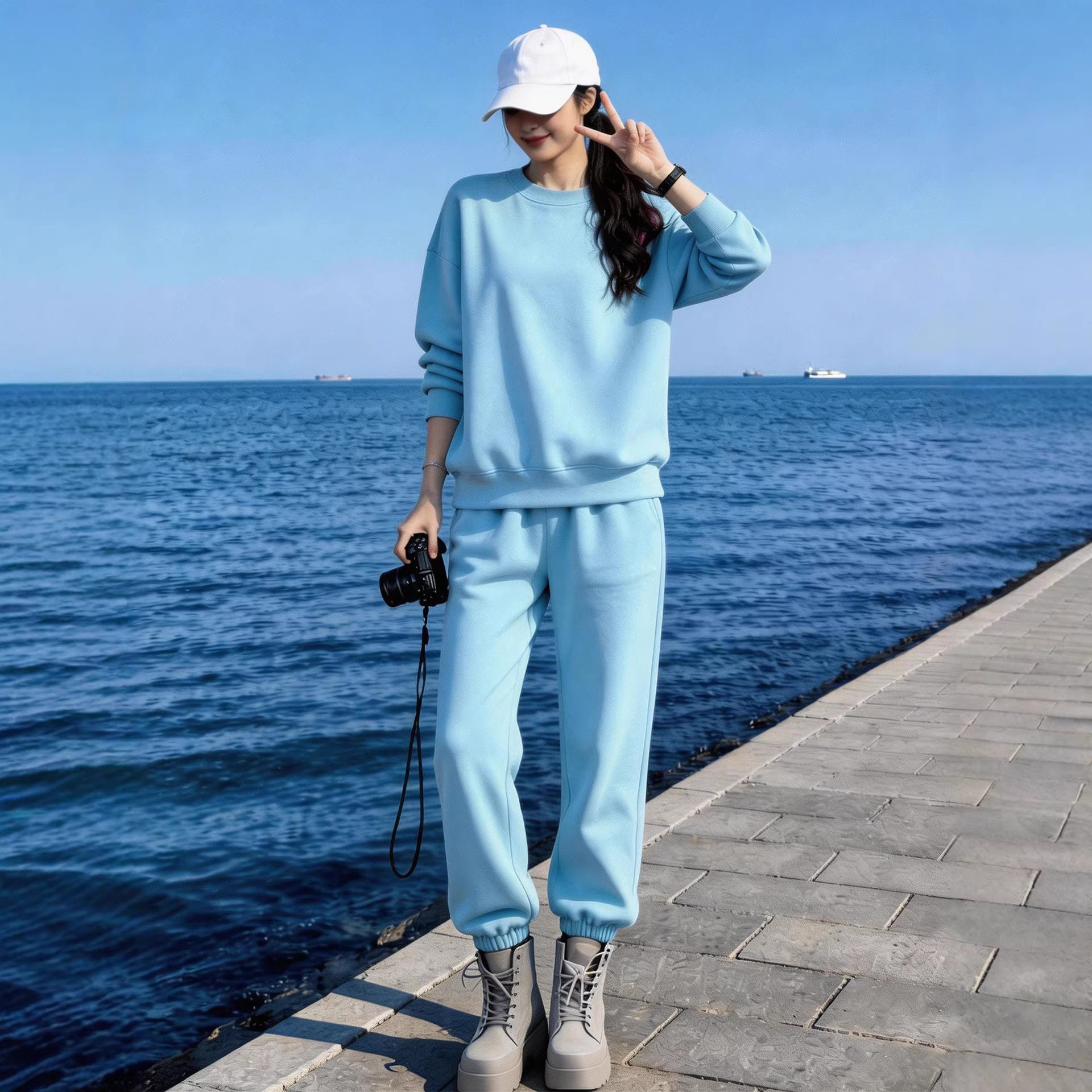 南油春秋新款韩版高级感蓝色卫衣套装女春夏宽松舒适简约休闲运动
