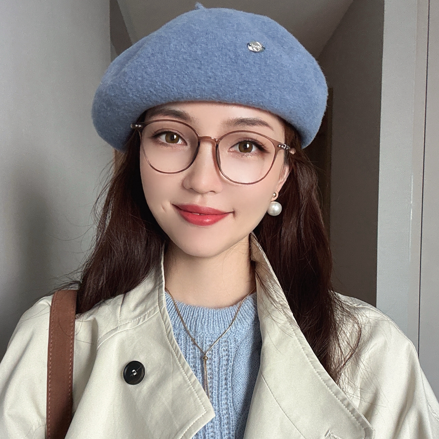 法式慵懒蓝色系纯羊毛贝雷帽女士