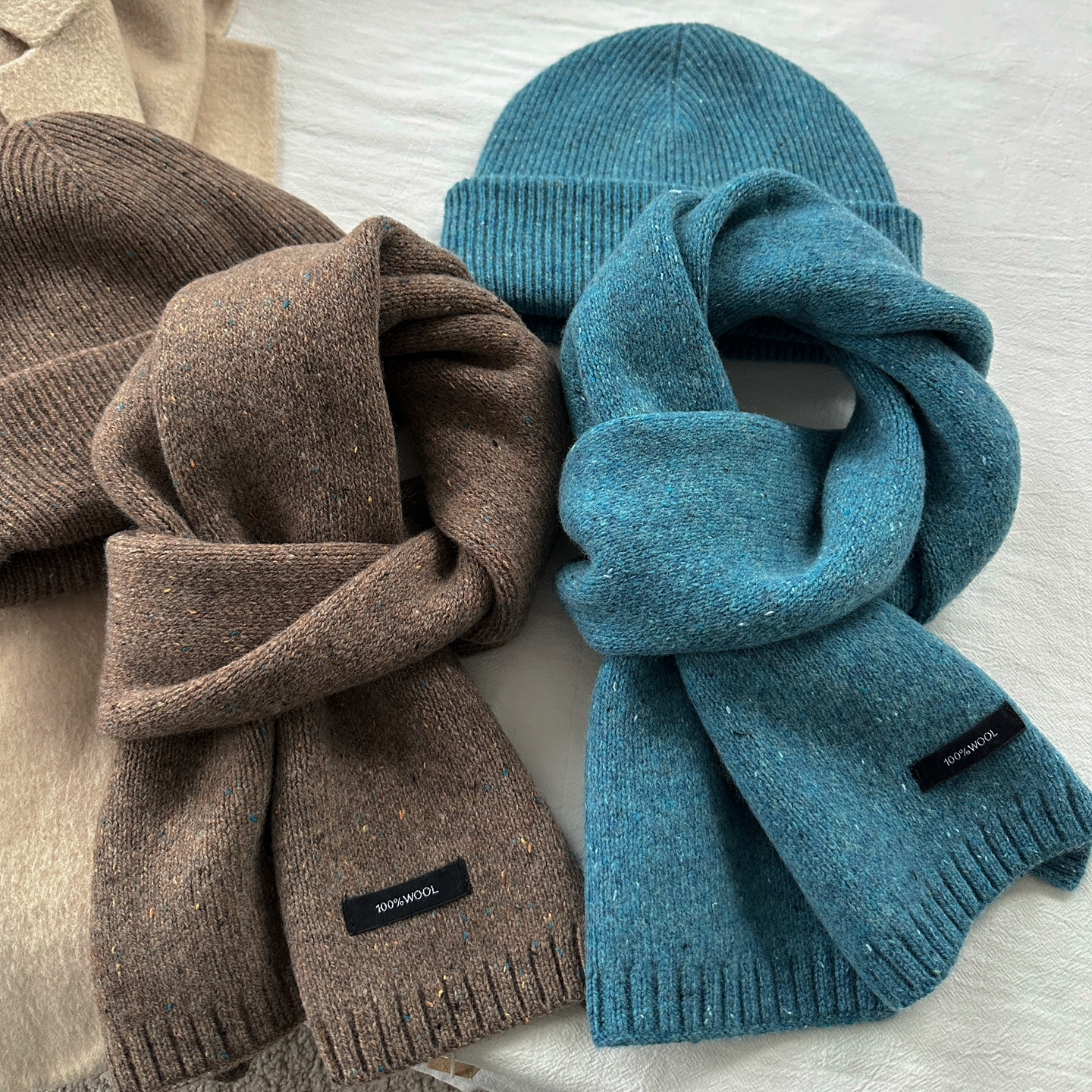 蓝色系纯羊毛针织帽围巾两件套