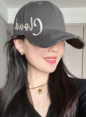 S/S硬顶侧标棒球帽刺绣字母破洞街头显脸小加深加大鸭舌帽男女