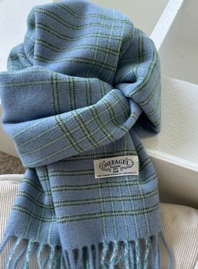 韩系chic蓝色格子羊毛围巾100％wool保暖软糯ins时髦围脖女冬季