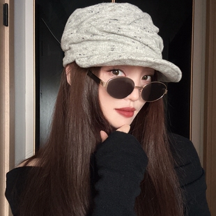 显饱满颅顶~小香风星空点羊毛英伦复古褶皱马术帽女鸭舌帽工装帽