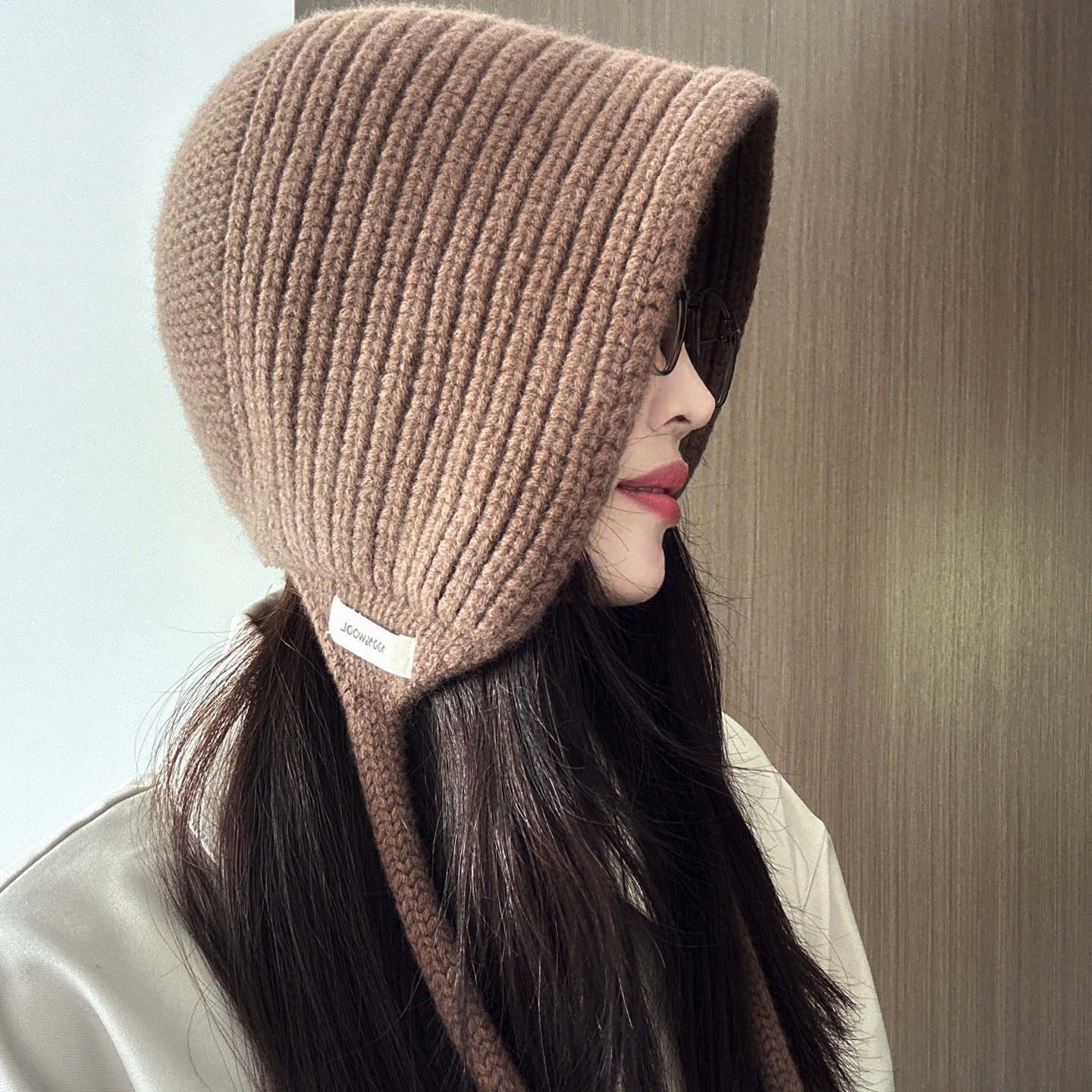 100％wool羊毛帽兜针织帽护耳帽