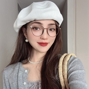 显脸小韩系白色仿麻透气针织薄款 25春夏 贝雷帽女ins大头围画家帽