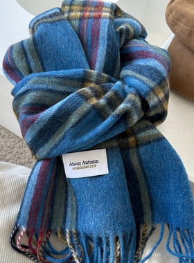 25秋冬miu系治愈蓝色格纯羊毛围巾女时髦配色度穿搭ins保暖披肩