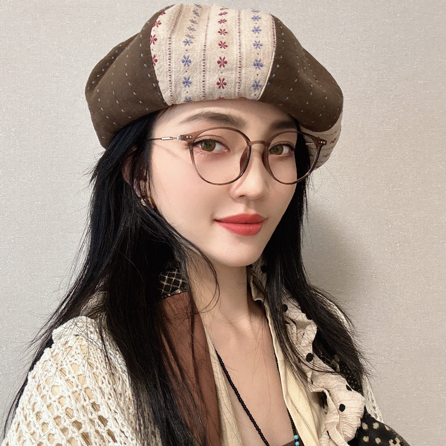 日系设计100％棉复古刺绣小花八角贝雷帽女春百搭波点显脸小帽子