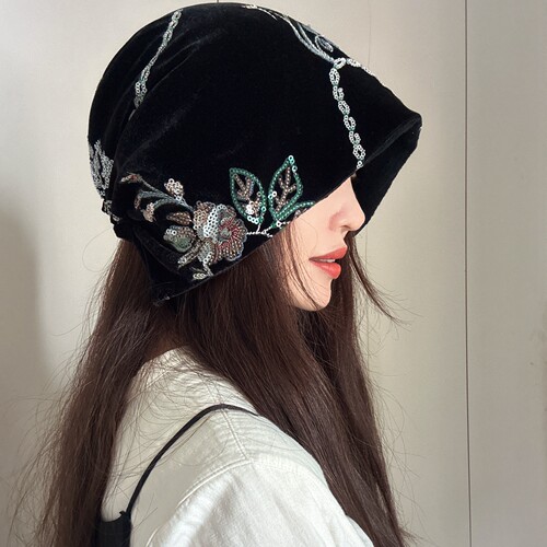 复古刺绣丝绒包头帽女双面戴帽子