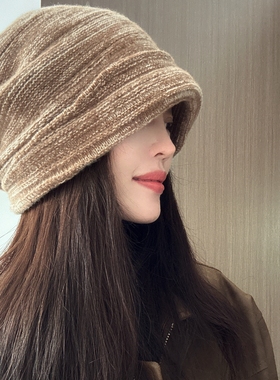 松弛线条感~成型褶皱堆堆帽女100％WOOL宽松款两戴针织帽秋冬冷帽