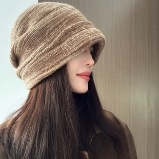 松弛线条感~成型褶皱堆堆帽女100％WOOL宽松款两戴针织帽秋冬冷帽
