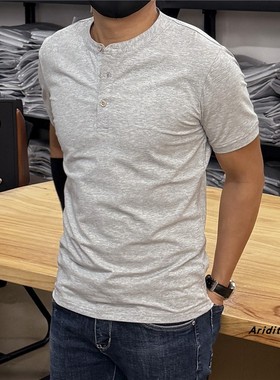 夏季新款男士短袖亨利衫T恤简约纯色百搭美式体恤上衣打底衫2025
