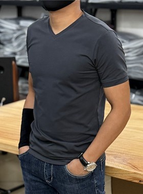 2025夏季新款v领男士短袖T恤纯棉百搭美式体恤上衣打底衫纯色衣服