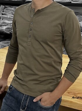 男士纯棉超值长直筒休闲修身多码净色亨利领长袖上衣T恤打底衫