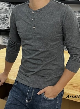 美式男装多色多码纯色修身流行长袖亨利领四季款上衣高端纯棉t恤