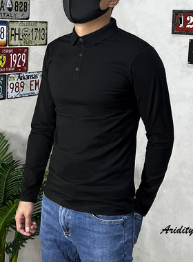 男士商务休闲舒适修身纯色棉打底长袖免烫黑色翻领上衣保罗衫t恤