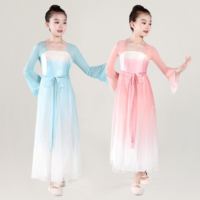 儿童古典演出服女童飘逸古风扇子舞团体表演服中国风舞台练功服