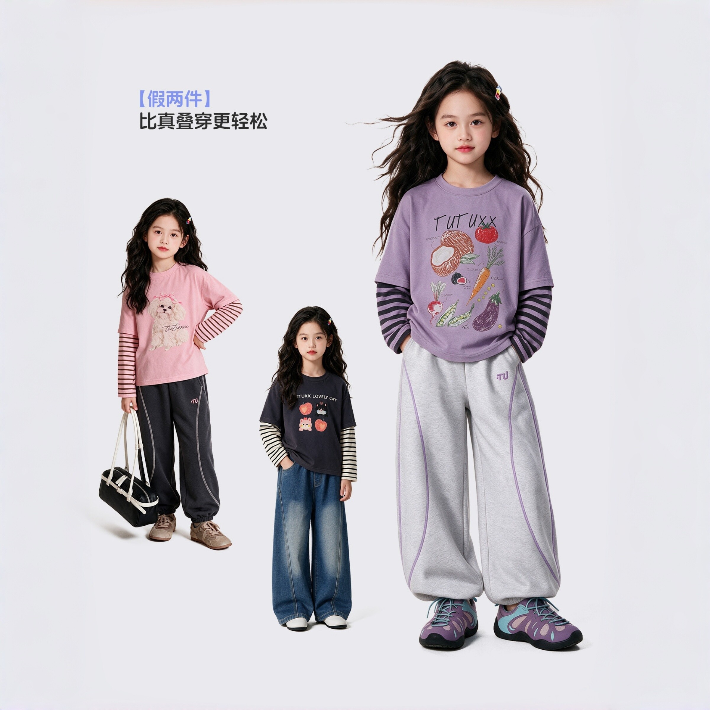 女童长袖T恤打底衫2026新款卡通印花秋季圆领儿童洋气假两件上衣