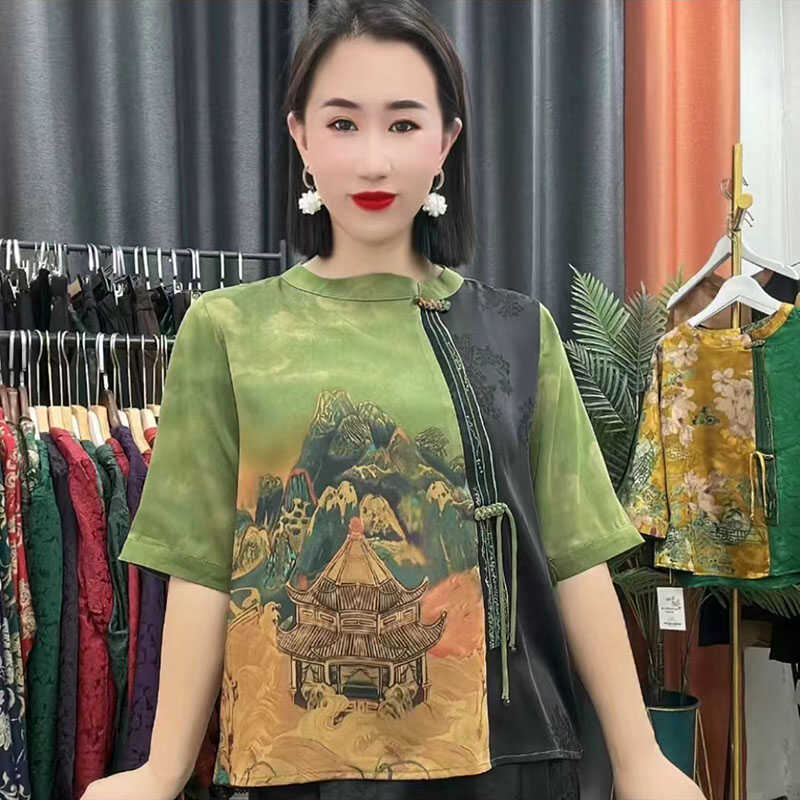 中老年丝缎七分袖妈妈装盘扣