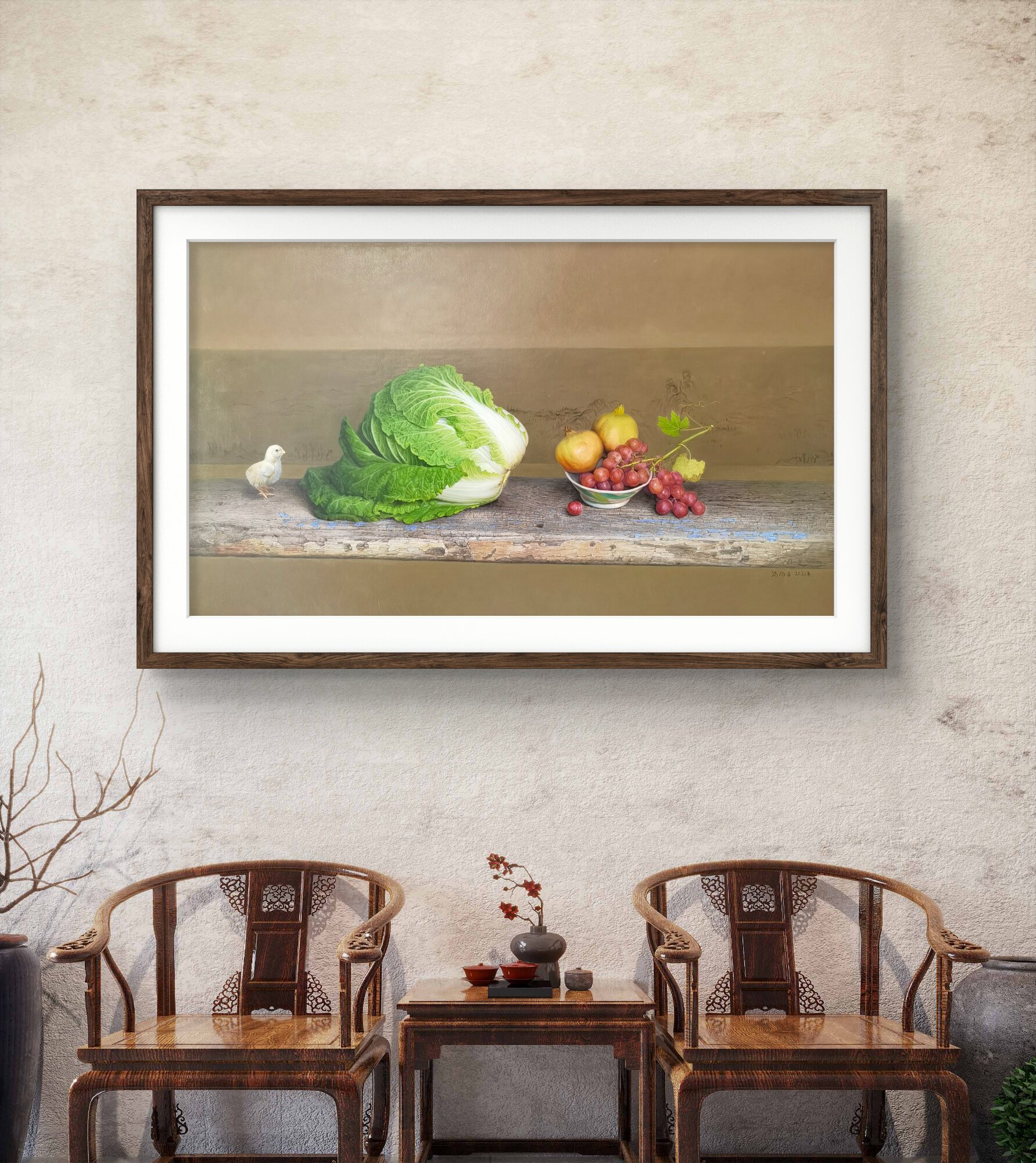 名家油画新中式百财大白菜手绘油画客厅事事如意玄关挂画超写实