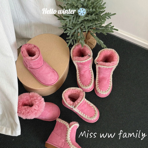 Miss ww family羊毛一体粉色雪地靴真皮加厚加绒